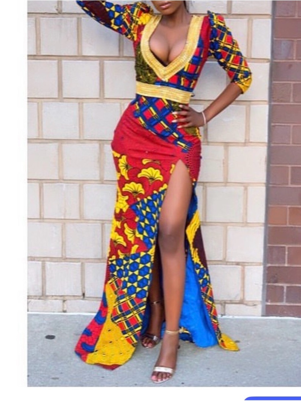 Vibrant African Print Deep V Split Maxi Dress